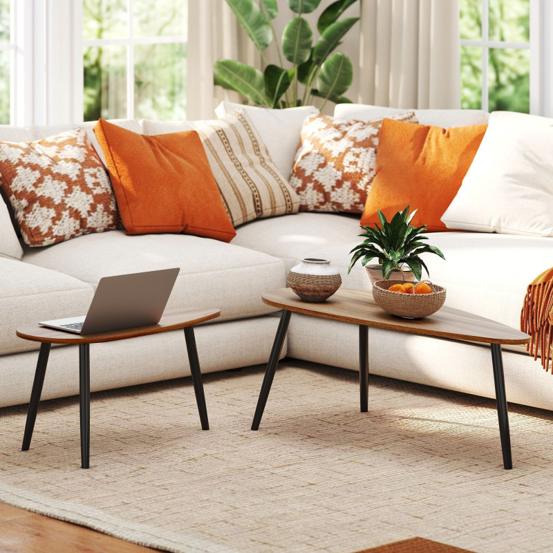 2 Pieces Coffee Table Set for Living Room, Industrial Nest of Tables with Steel Legs, Brown