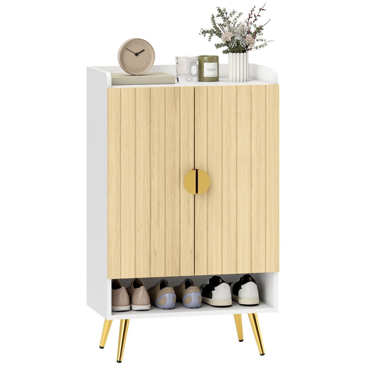 Entryway Shoe Storage Cabinet, Narrow Shoe Cabinet with Adjustable Shelves and Open Shelf for 15 Pairs of Shoes, Natural