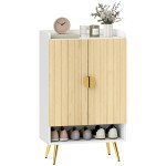 Entryway Shoe Storage Cabinet, Narrow Shoe Cabinet with Adjustable Shelves and Open Shelf for 15 Pairs of Shoes, Natural