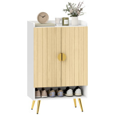 Entryway Shoe Storage Cabinet, Narrow Shoe Cabinet with Adjustable Shelves and Open Shelf for 15 Pairs of Shoes, Natural