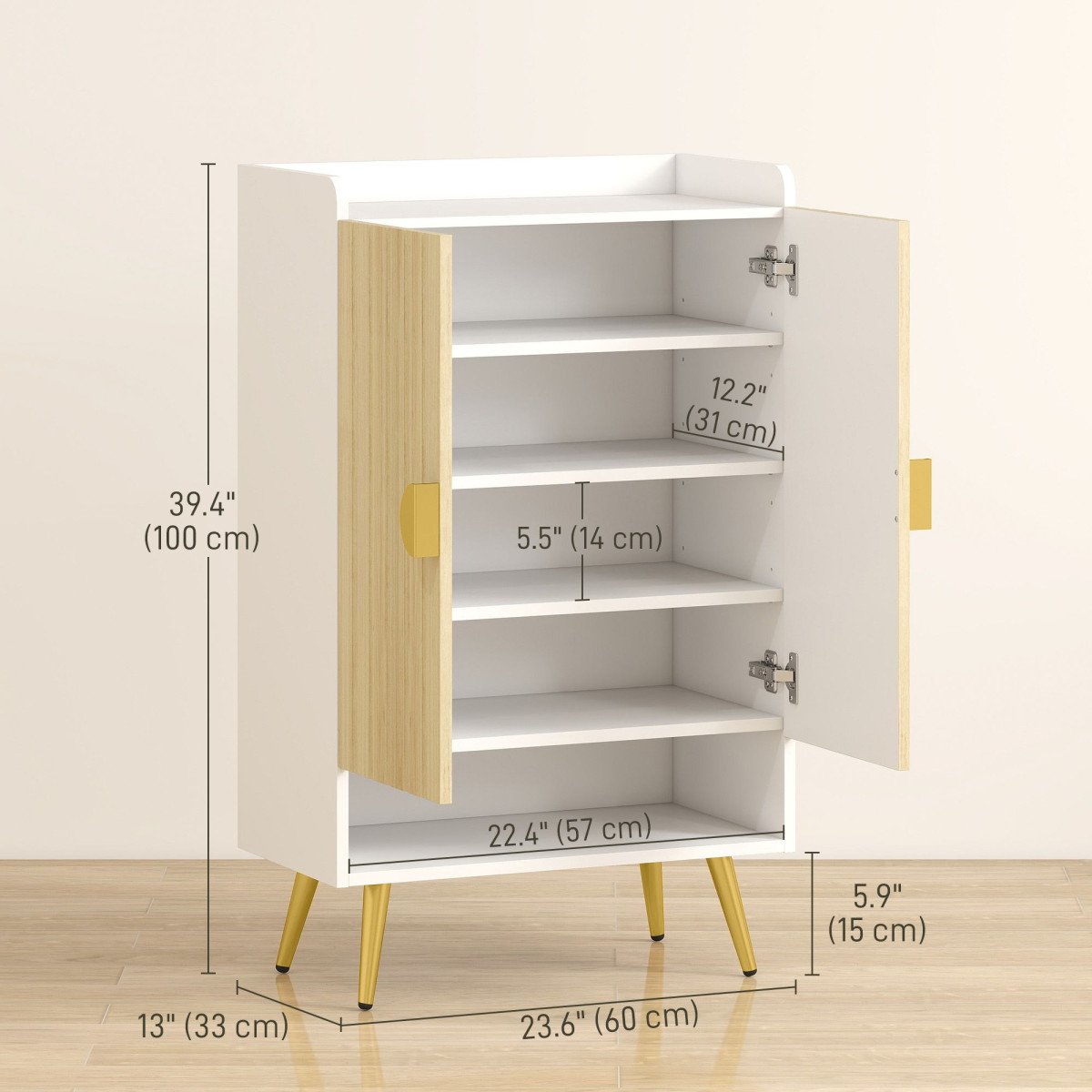 Entryway Shoe Storage Cabinet, Narrow Shoe Cabinet with Adjustable Shelves and Open Shelf for 15 Pairs of Shoes, Natural