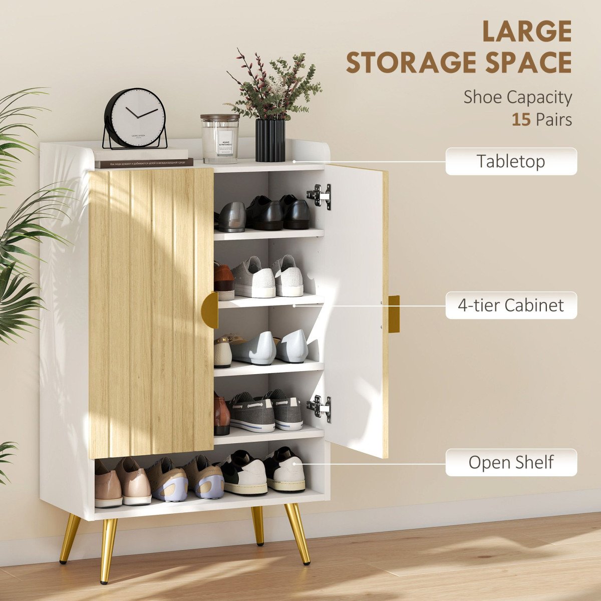 Entryway Shoe Storage Cabinet, Narrow Shoe Cabinet with Adjustable Shelves and Open Shelf for 15 Pairs of Shoes, Natural