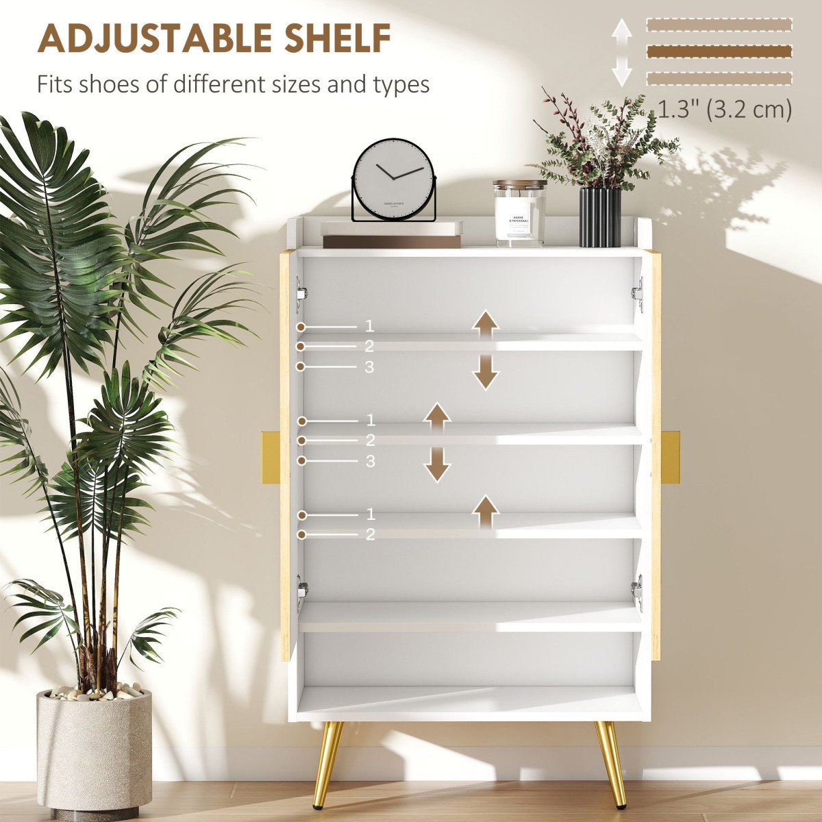 Entryway Shoe Storage Cabinet, Narrow Shoe Cabinet with Adjustable Shelves and Open Shelf for 15 Pairs of Shoes, Natural