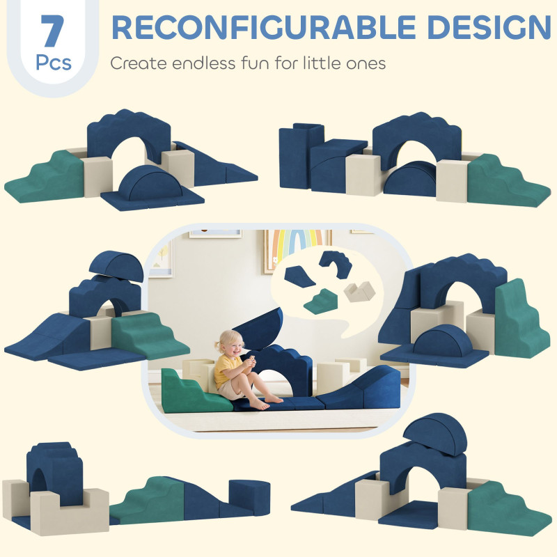 Qaba 7-Piece Baby Soft Play Set, Indoor Soft Play Gym Activity Play Set for Crawling, Sliding and Playing, Navy Blue