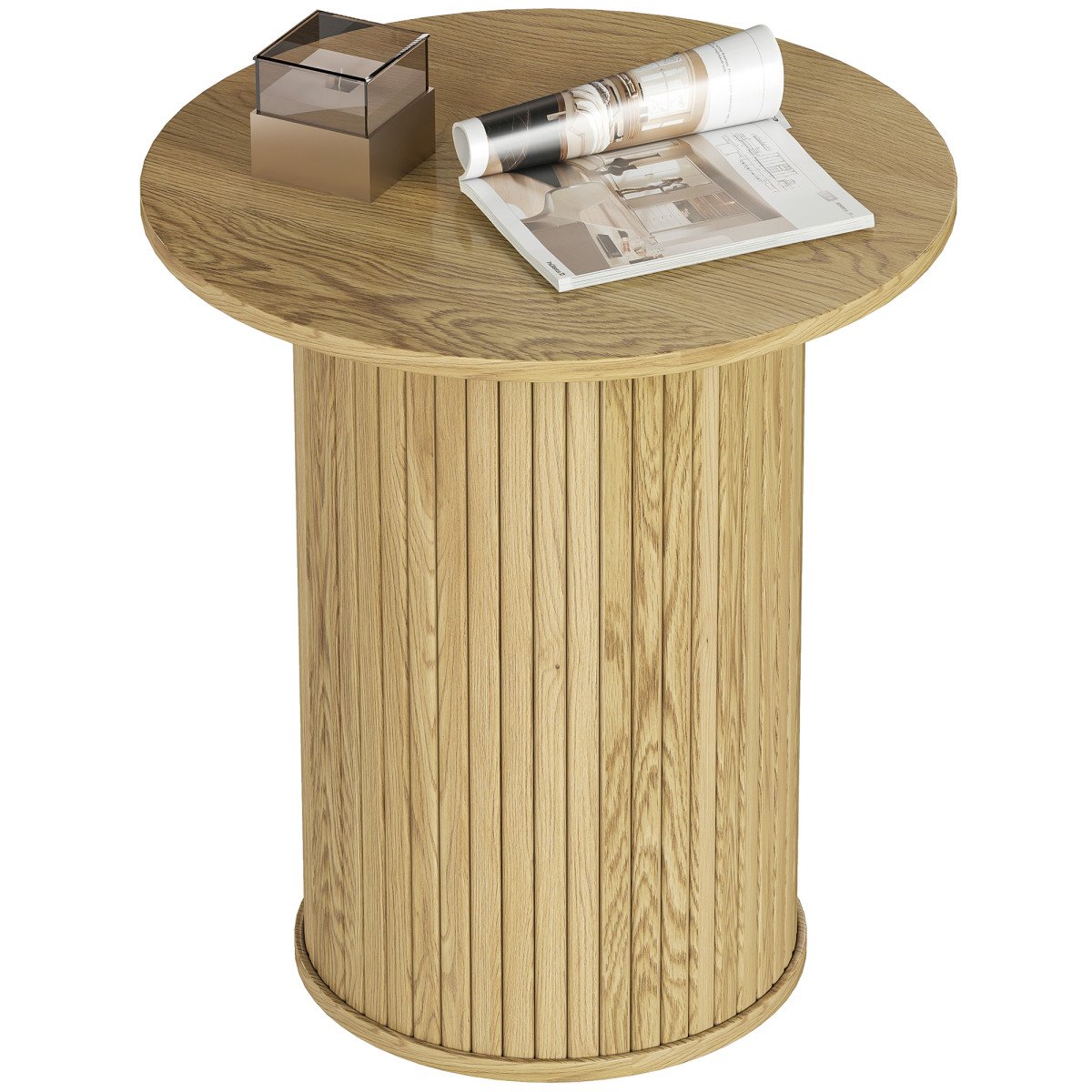 Round Side Table, Fluted Accent End Table, Narrow Nightstand for Small Spaces, Living Room, Oak