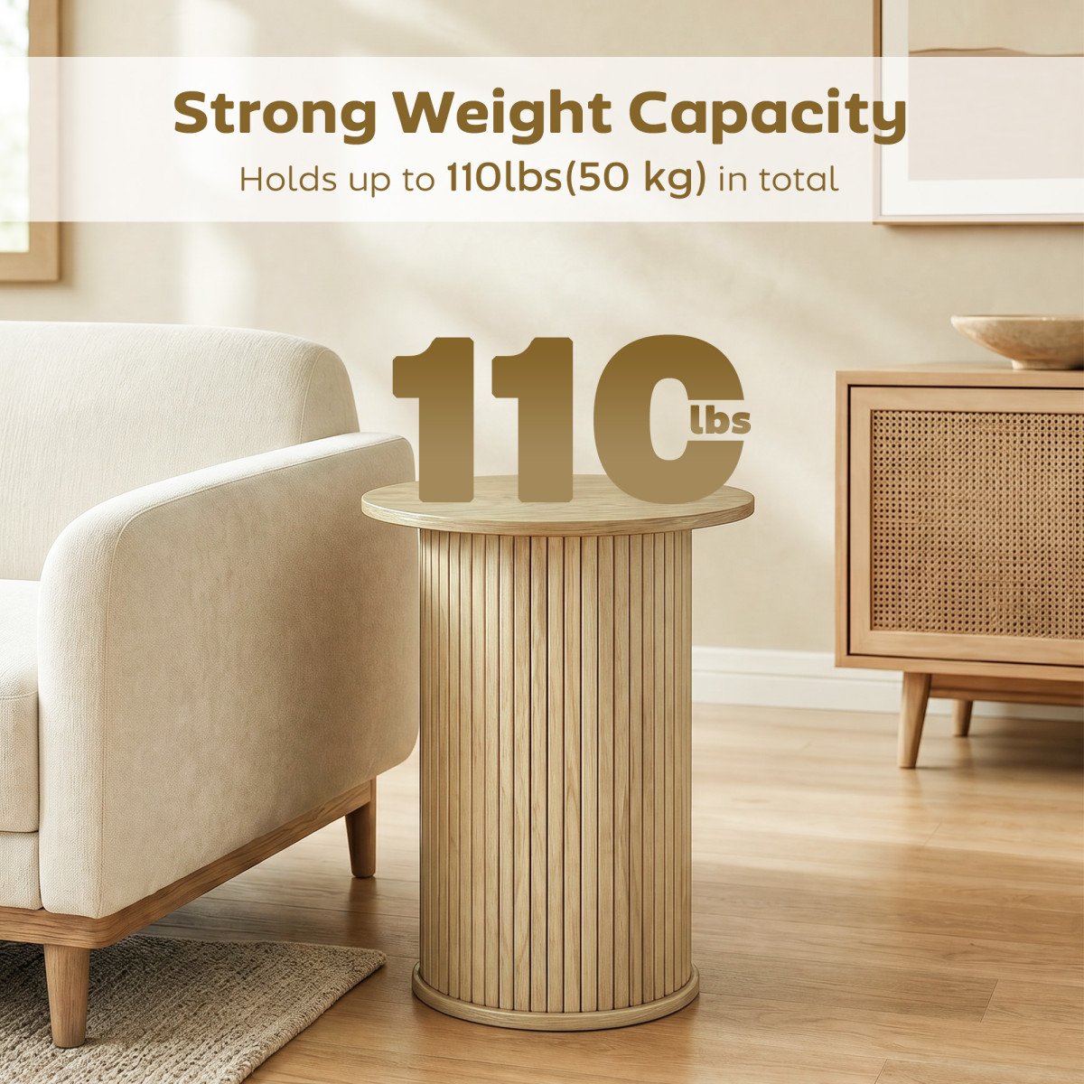 Round Side Table, Fluted Accent End Table, Narrow Nightstand for Small Spaces, Living Room, Oak