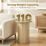 Round Side Table, Fluted Accent End Table, Narrow Nightstand for Small Spaces, Living Room, Oak