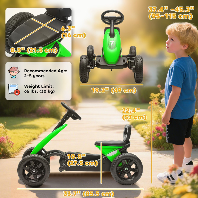 Qaba Pedal Go Kart for Kids 2-5 Years Old with Silent EVA Wheels, Metal Frame, Green