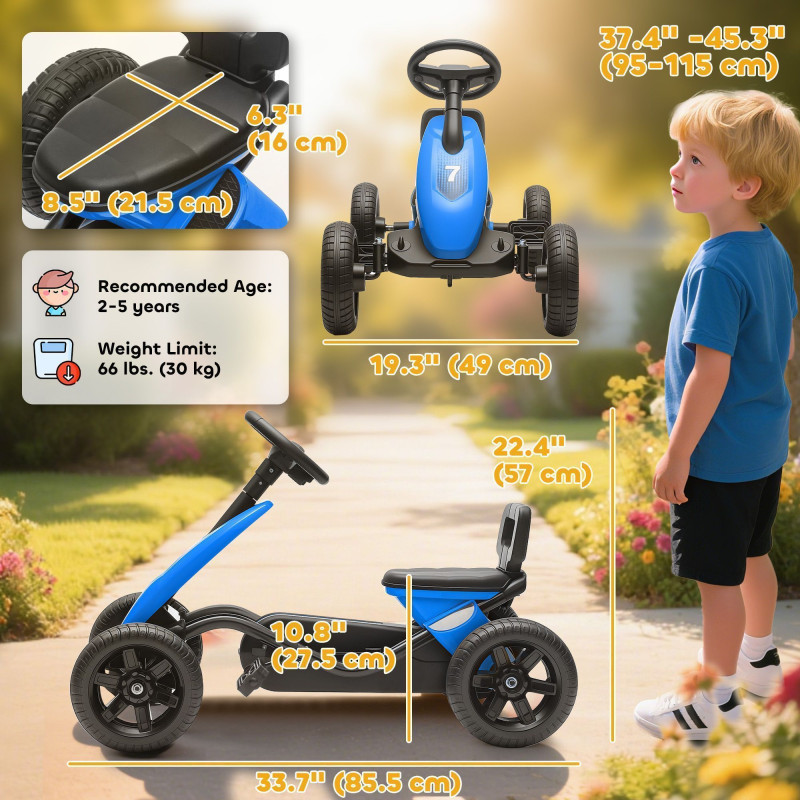 Qaba Pedal Go Kart for Kids 2-5 Years Old with Silent EVA Wheels, Metal Frame, Blue