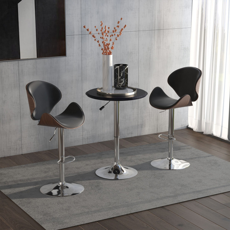 Modern Round Bar Table Adjustment Height Home Pub Bistro Desk Faux Leather Covered Wooden Top Chrome Base Black