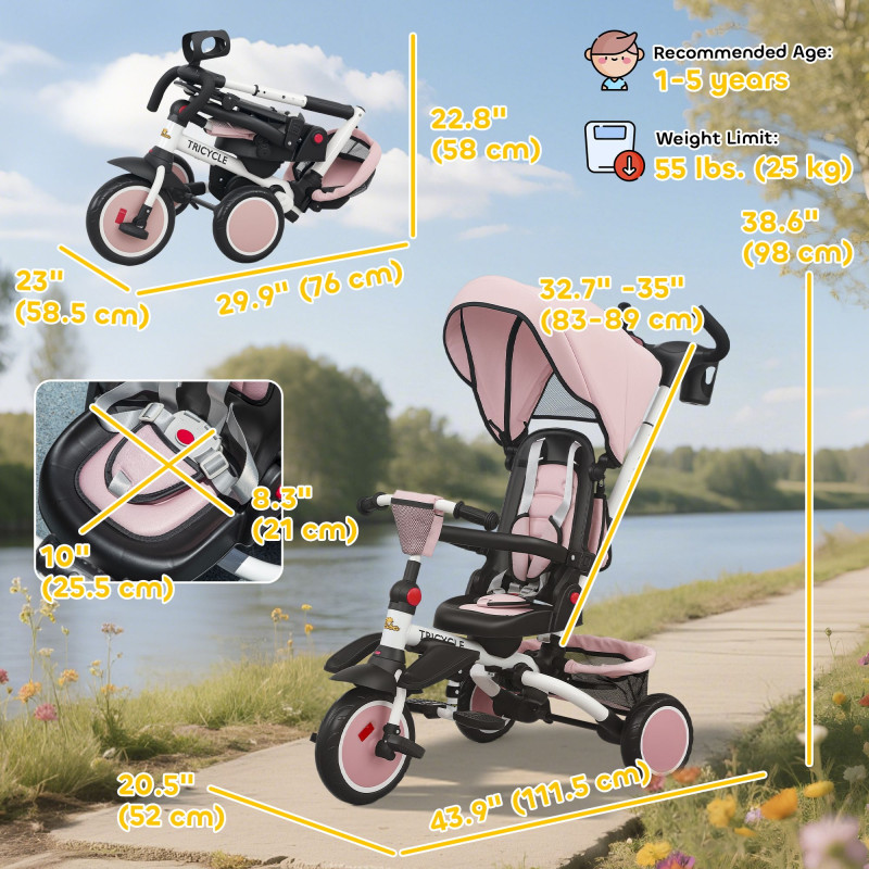 Qaba 6 in 1 Toddler Tricycle for 1-5 Years Old with Push Handle, Removable Canopy, Rotatable Seat, Pink