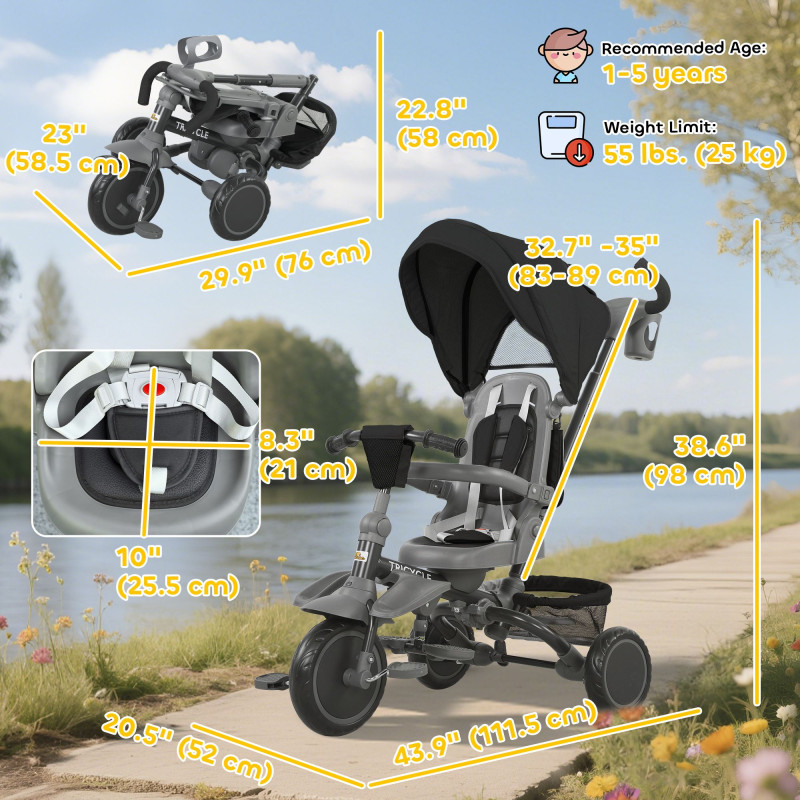 Qaba 6 in 1 Toddler Tricycle for 1-5 Years Old with Push Handle, Removable Canopy, Rotatable Seat, Black