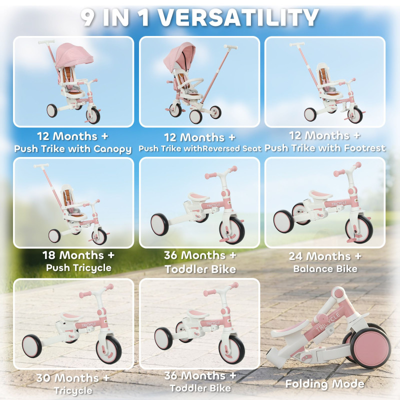 Qaba 7 in 1 Toddler Tricycle with Safety Harness, Adjustable & Removable Parent Handle, Canopy, Storage Bag, Brake, Pink