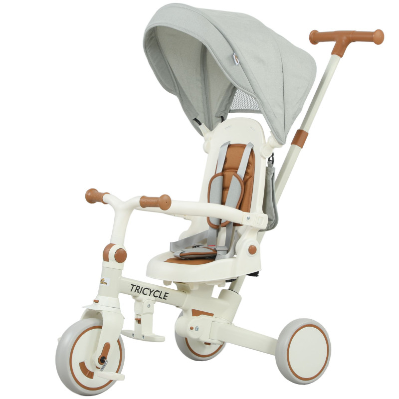 Qaba 7 in 1 Toddler Tricycle w/ Safety Harness, Adjustable & Removable Parent Handle, Canopy, Storage Bag, Brake, Cream White