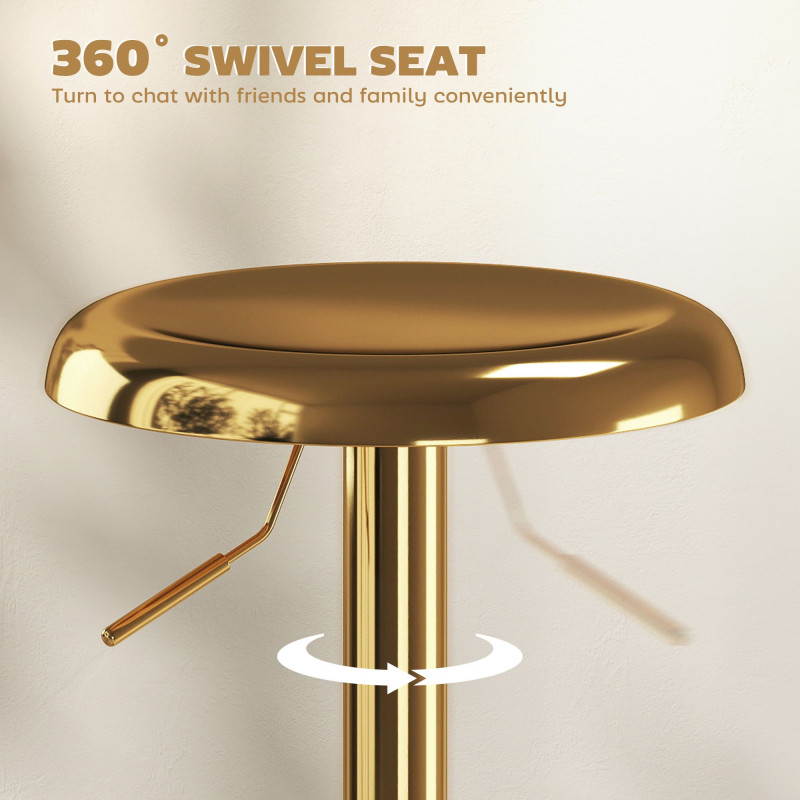 Steel Bar Stools Set of 2, Adjustable Counter Height Round Breakfast Barstools, Industrial Swivel Bar Chairs, Gold