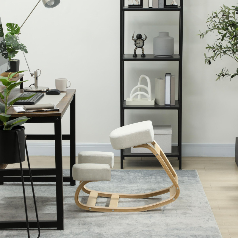 Ergonomic Kneeling Chair, Wood Kneel Stool with Thick Pads, Desk Knee Chair, Improve Posture, Cream White