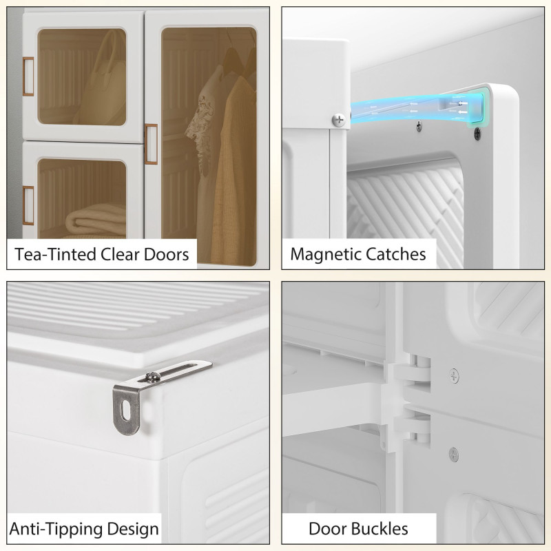 Portable Wardrobe, Foldable Plastic Closet with 8 Compartments, 2 Hanging Rods and Magnetic Clear Doors, Brown
