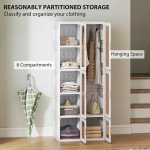 Portable Wardrobe, Foldable Plastic Closet with 6 Compartments, Hanging Rod and Magnetic Doors, White