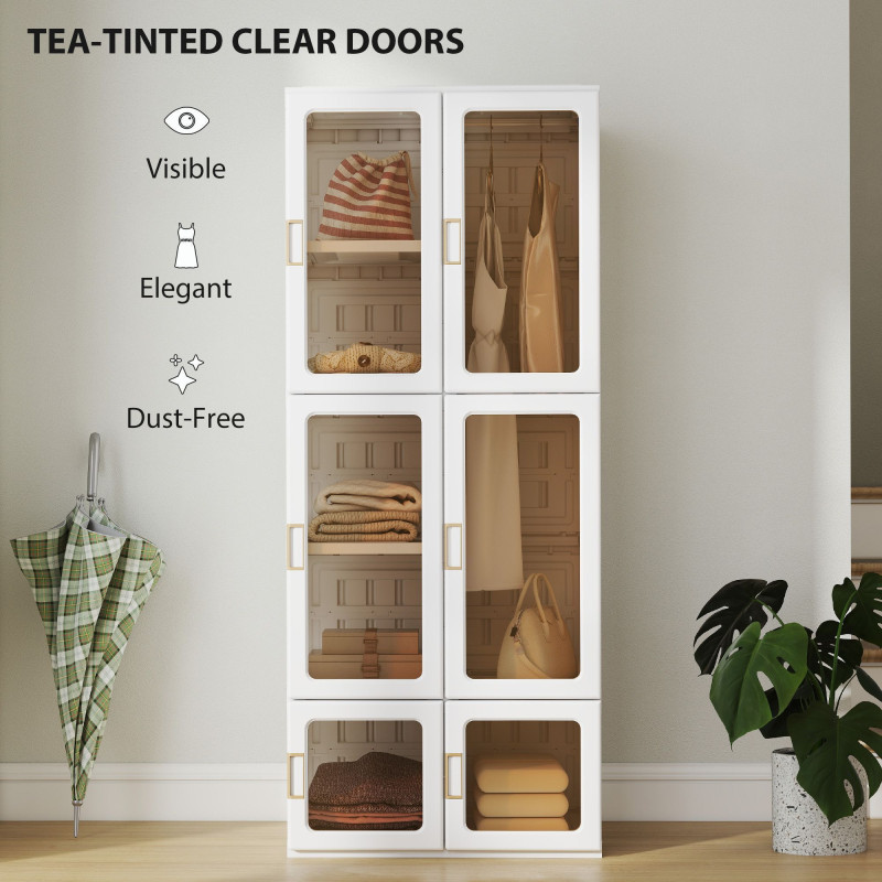 Portable Wardrobe, Foldable Plastic Closet with 6 Compartments, Hanging Rod and Magnetic Doors, White