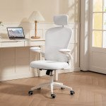 Office Chair, Mesh Computer Desk Chair with Adjustable Headrest, 4D Lumbar Support, Flip-up Arm, White