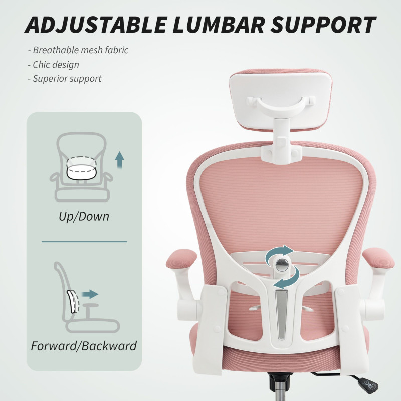 Office Chair, Mesh Computer Desk Chair with Adjustable Headrest, 4D Lumbar Support, Flip-up Arm, Pink