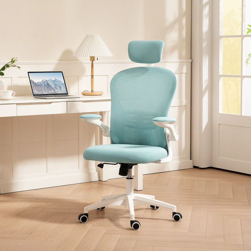 Office Chair, Mesh Computer Desk Chair with Adjustable Headrest, 4D Lumbar Support, Flip-up Arm, Light Green