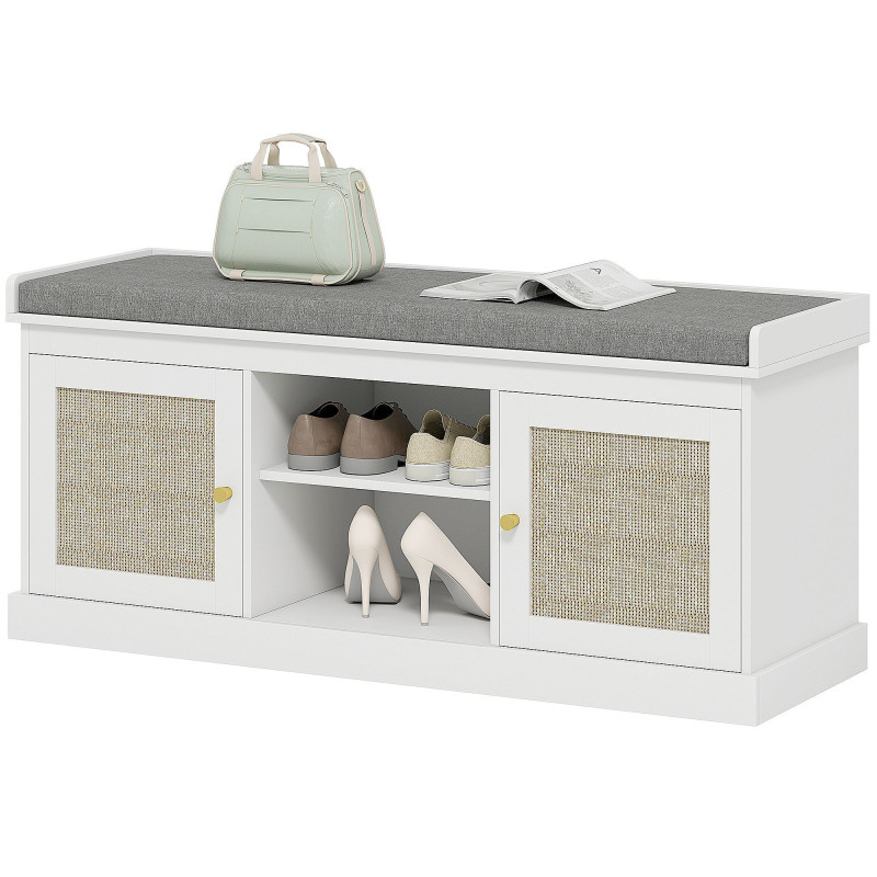 Shoe Bench with Padded Cushion, Boho Entryway Bench with Rattan Doors and Adjustable Shelves, Holds 9 Pairs, White