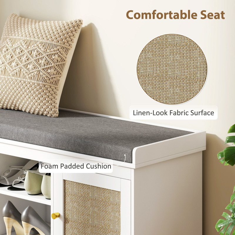 Shoe Bench with Padded Cushion, Boho Entryway Bench with Rattan Doors and Adjustable Shelves, Holds 9 Pairs, White