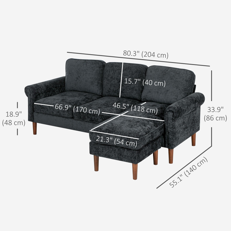 L Shape Sofa, Modern Sectional Couch with Changeable Chaise Lounge, Wooden Legs, Corner Sofa for Living Room, Black