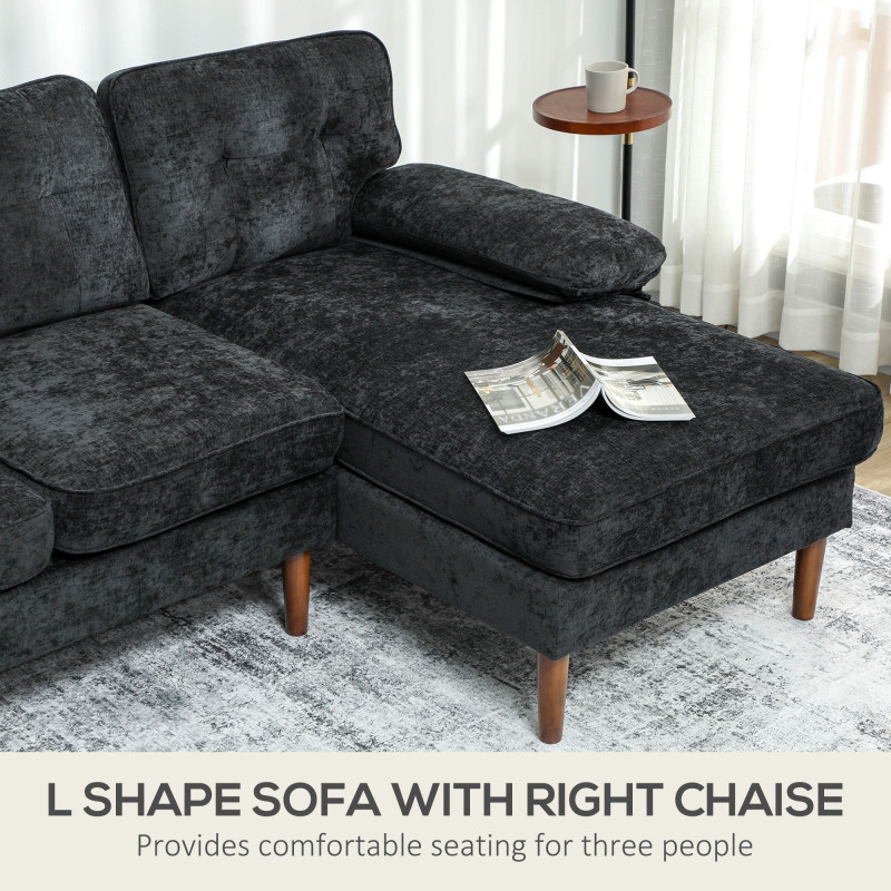 Modern Corner Couch with Right Chaise Lounge, Tufted 3-Seater Sofa with Wooden Legs for Living Room, Black