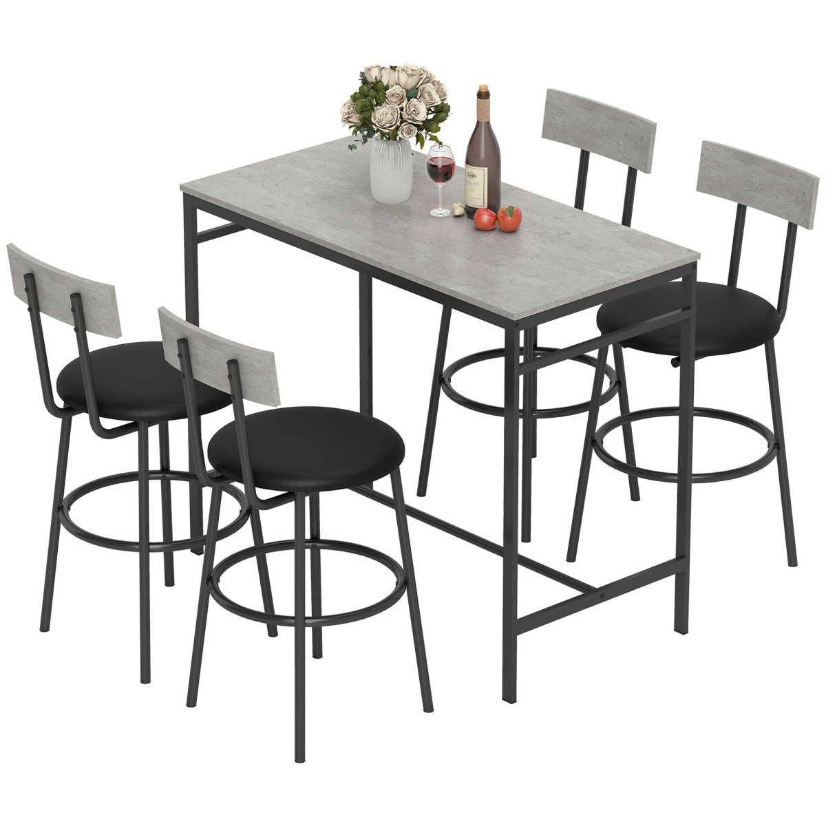 5-Piece Bar Table Set, Industrial Bar Table and Stools for 4 with Footrest and Steel Frame for Kitchen, Cement Grey