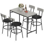 5-Piece Bar Table Set, Industrial Bar Table and Stools for 4 with Footrest and Steel Frame for Kitchen, Cement Grey