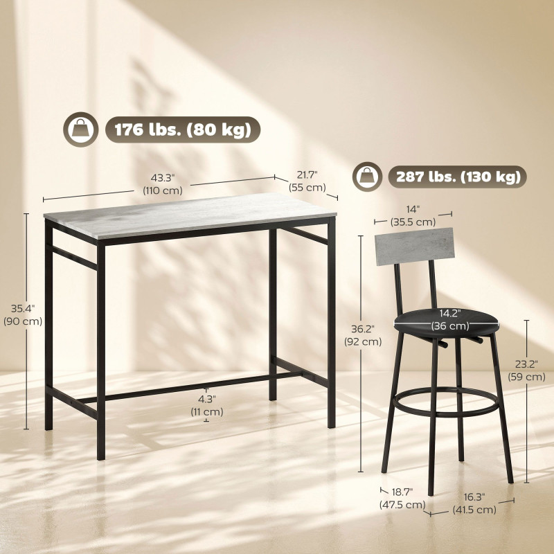 5-Piece Bar Table Set, Industrial Bar Table and Stools for 4 with Footrest and Steel Frame for Kitchen, Cement Grey