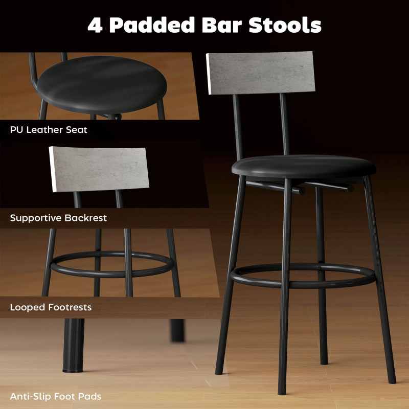 5-Piece Bar Table Set, Industrial Bar Table and Stools for 4 with Footrest and Steel Frame for Kitchen, Cement Grey