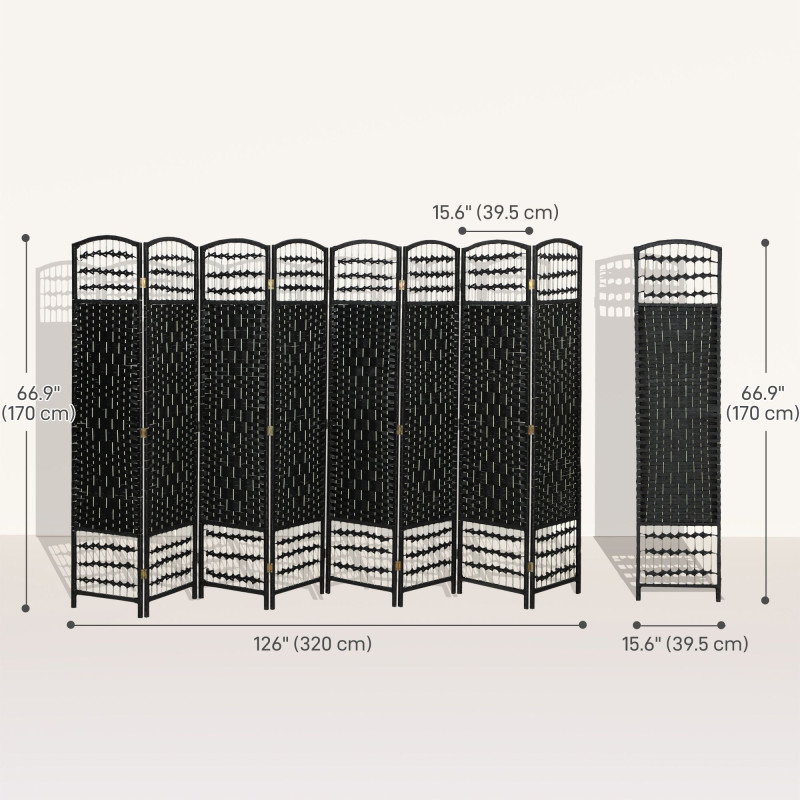 8 Panel Folding Room Divider, Portable Privacy Screen, Wave Fiber Room Partition for Home Office, Black