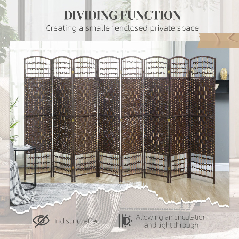 8 Panel Folding Room Divider, Portable Privacy Screen, Wave Fiber Room Partition for Home Office, Brown