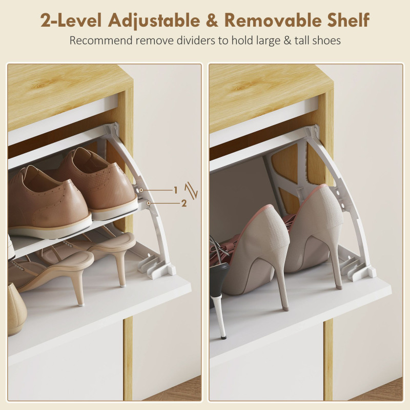 Narrow Shoe Cabinet, High Gloss Shoe Storage Cabinet with 4 Flip Drawers and Adjustable Shelves, Holds 20 Pairs, White