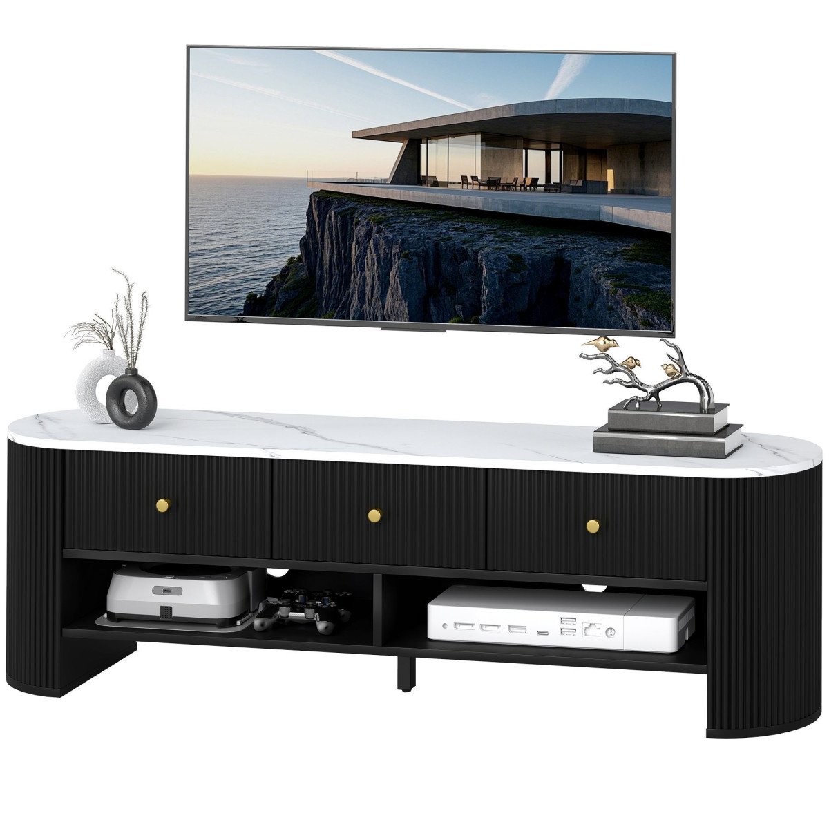 TV Stand, Modern TV Table with Marble-Effect Top, 3 Drawers and 2 Open Shelves for 32-65 Inch Television, Black