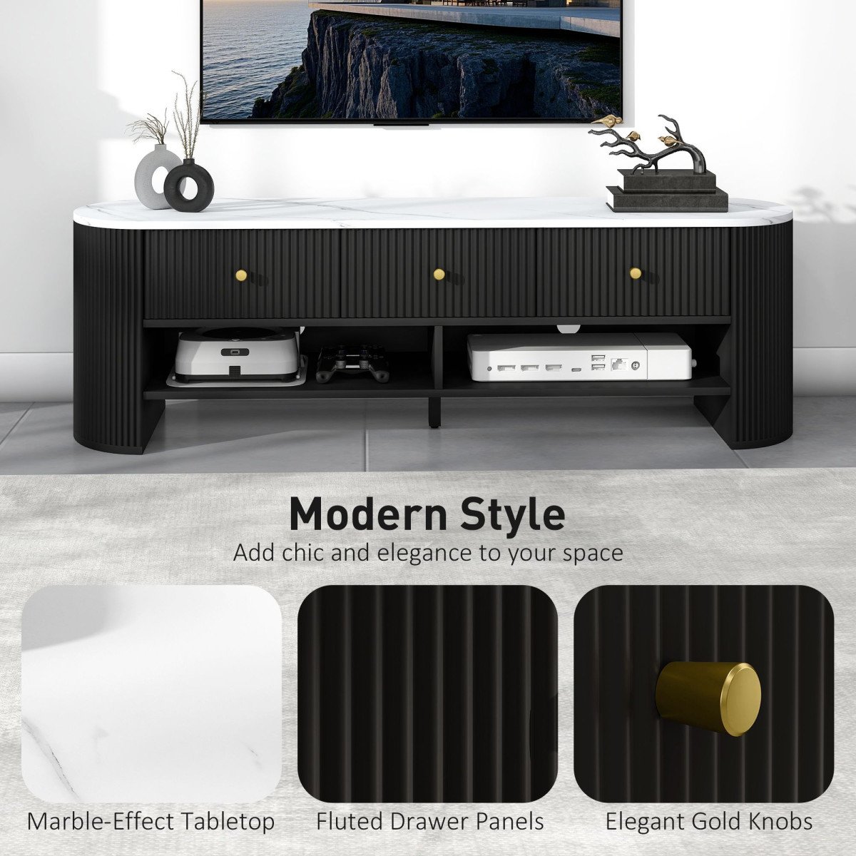 TV Stand, Modern TV Table with Marble-Effect Top, 3 Drawers and 2 Open Shelves for 32-65 Inch Television, Black