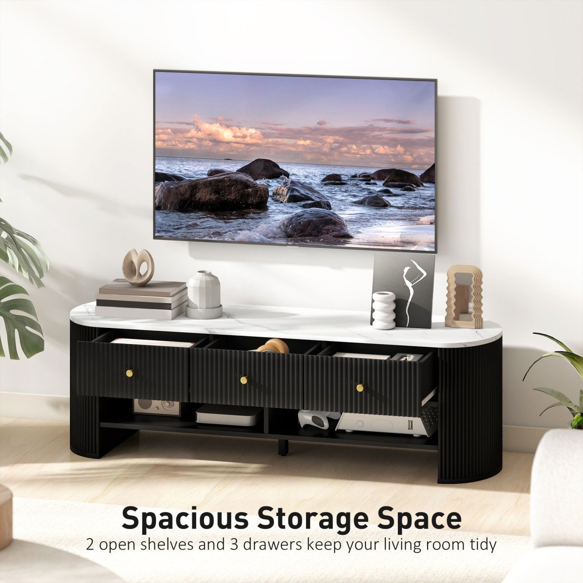 TV Stand, Modern TV Table with Marble-Effect Top, 3 Drawers and 2 Open Shelves for 32-65 Inch Television, Black