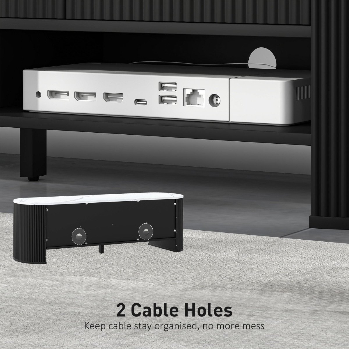TV Stand, Modern TV Table with Marble-Effect Top, 3 Drawers and 2 Open Shelves for 32-65 Inch Television, Black