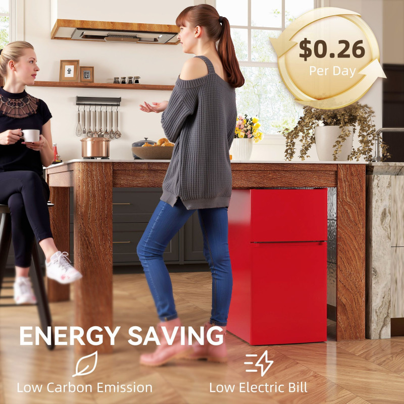 3.2 Cu Ft Compact Refrigerator, Mini Fridge with Freezer, Adjustable Shelves and Reversible Doors for Bedroom, Red