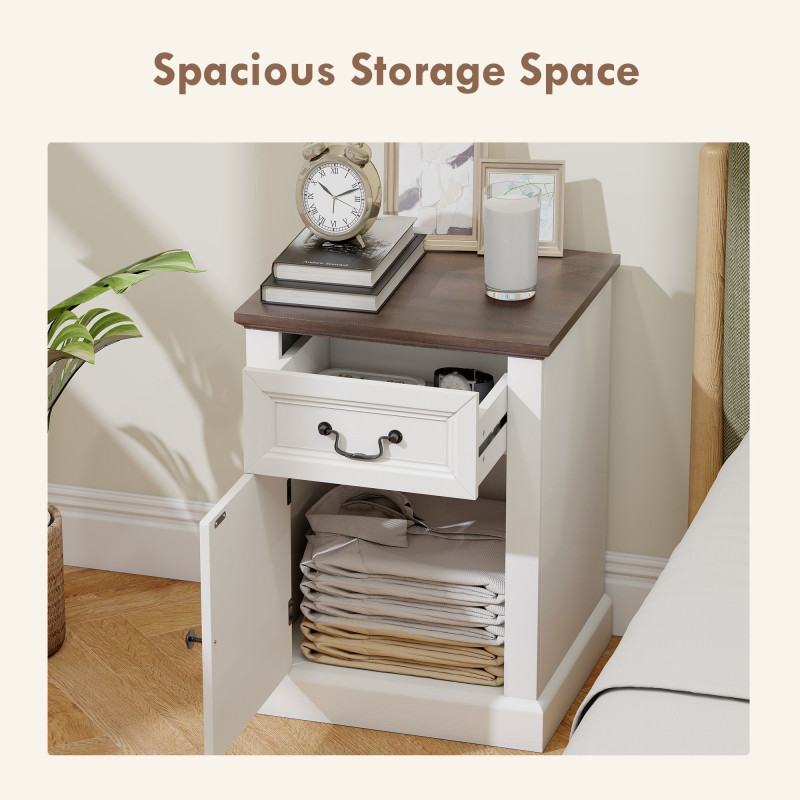Side Table Set of 2, End Tables with Drawer and Cabinet, Nightstands for Small Spaces, Living Room, White