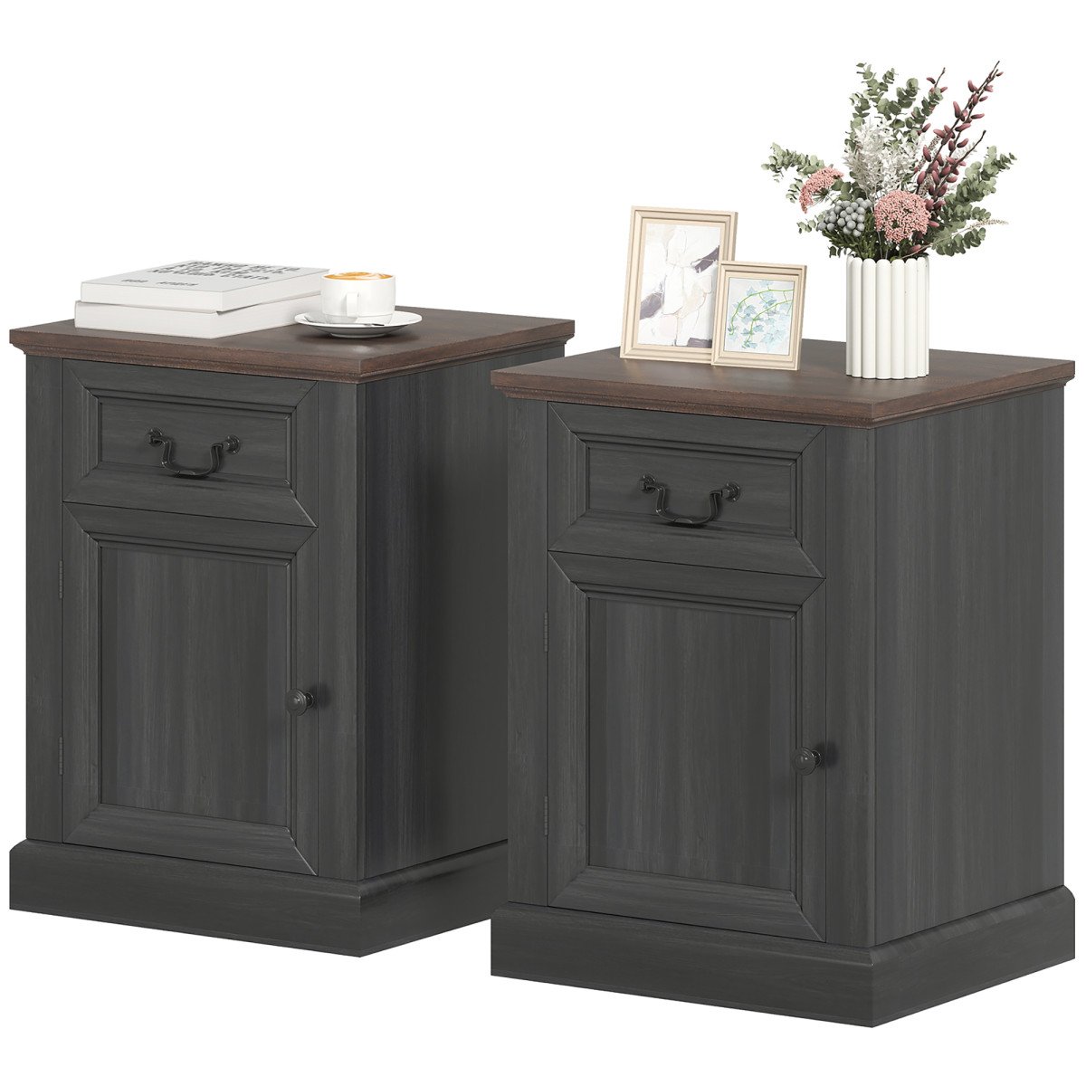 Side Table Set of 2, End Tables with Drawer and Cabinet, Nightstands for Small Spaces, Living Room, Black