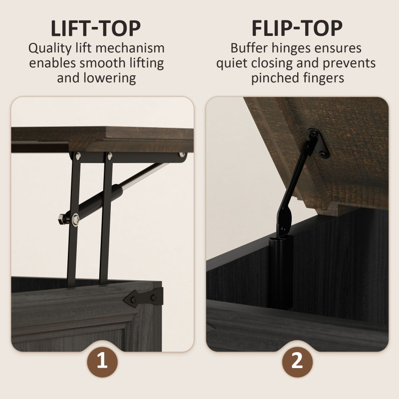 Lift Top Coffee Table with Charging Station, Square Farmhouse Center Table with Hidden Storage, Black Wood Grain