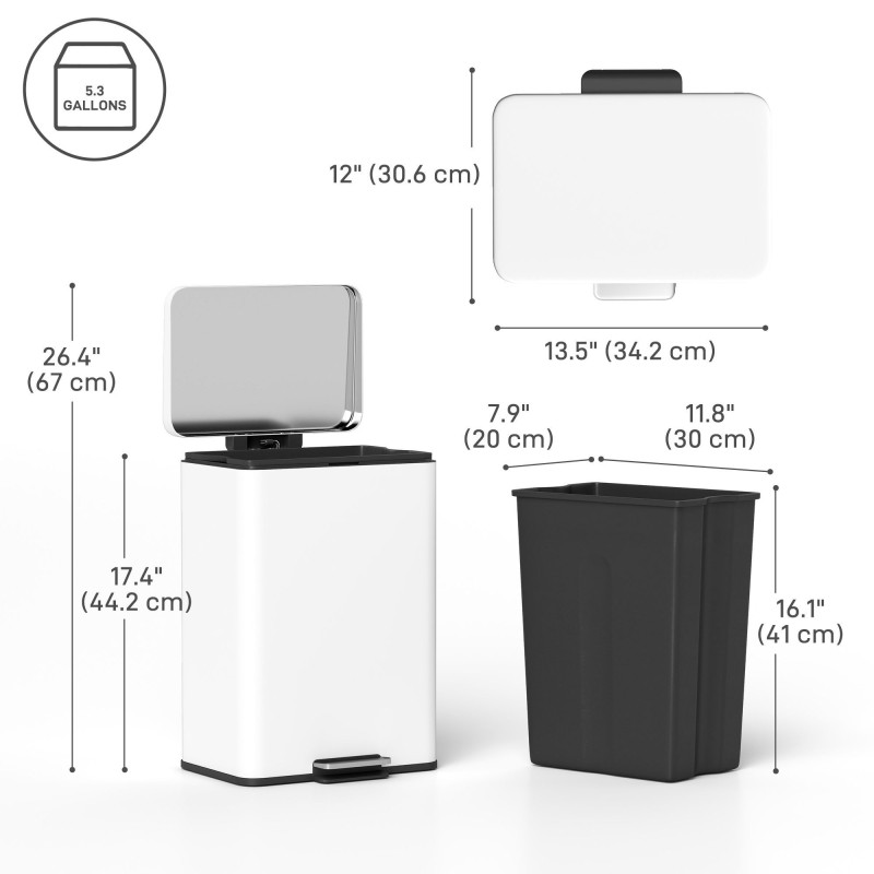 5.3 Gallon/20 L Garbage Bin with Soft Close Lid, Trash Can with Removable Inner Bucket for Kitchen, Office, Cream White