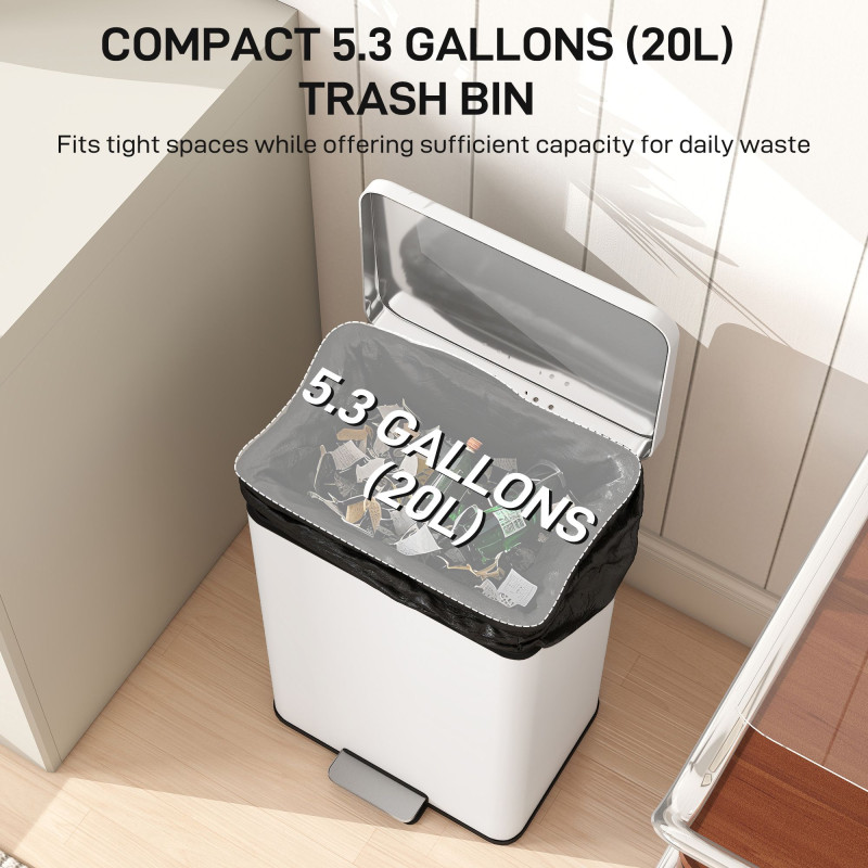 5.3 Gallon/20 L Garbage Bin with Soft Close Lid, Trash Can with Removable Inner Bucket for Kitchen, Office, Cream White