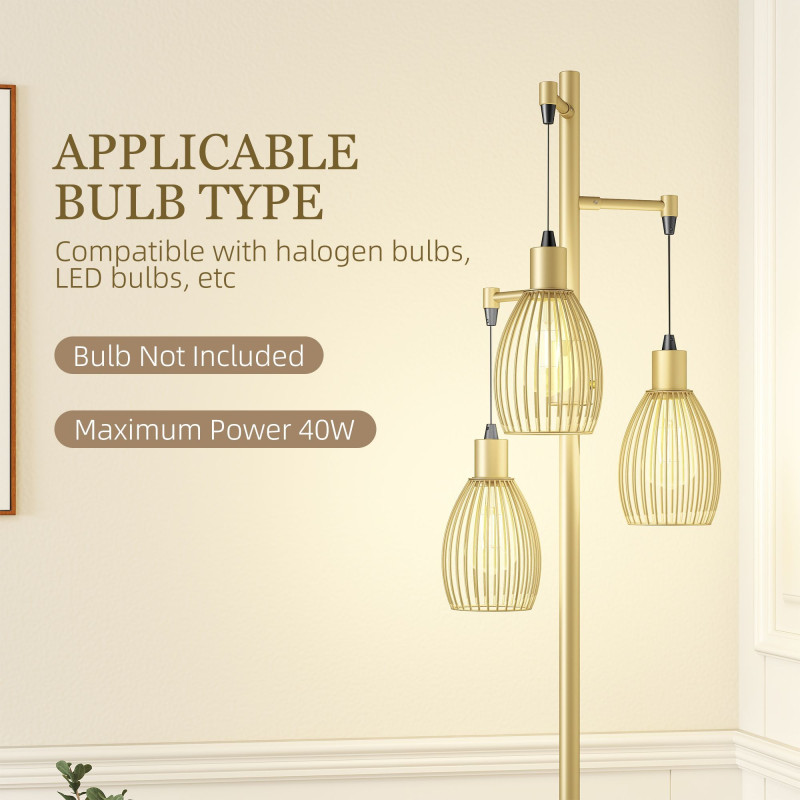 Industrial Floor Lamp with 3 Hanging Wire Lampshades, Dimmable Standing Lamp for Living Room, Gold