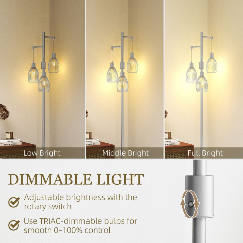 Industrial Floor Lamp with 3 Hanging Wire Lampshades, Dimmable Standing Lamp for Living Room, Silver
