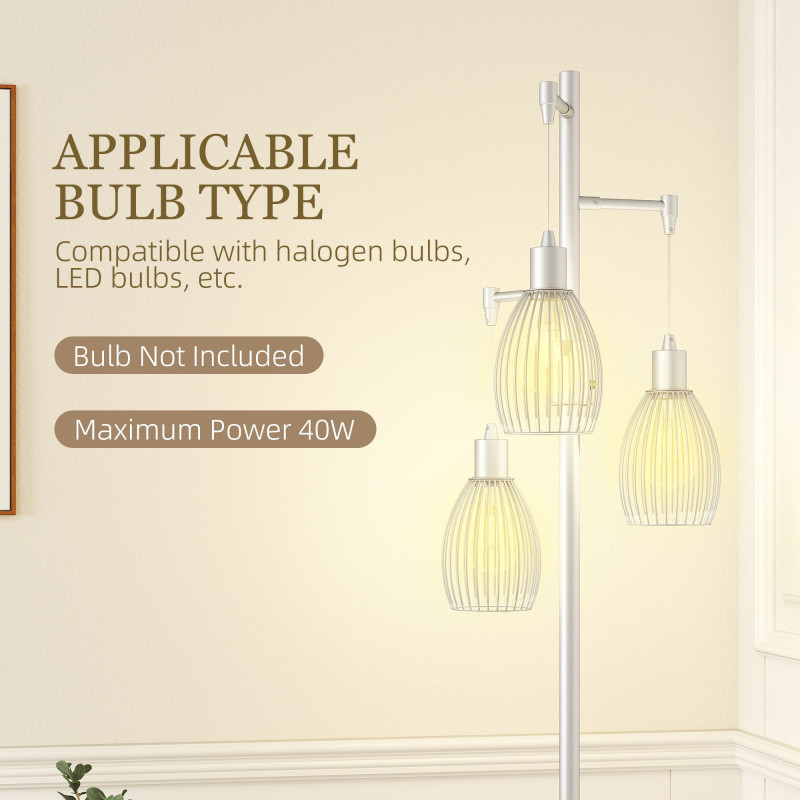 Industrial Floor Lamp with 3 Hanging Wire Lampshades, Dimmable Standing Lamp for Living Room, Silver